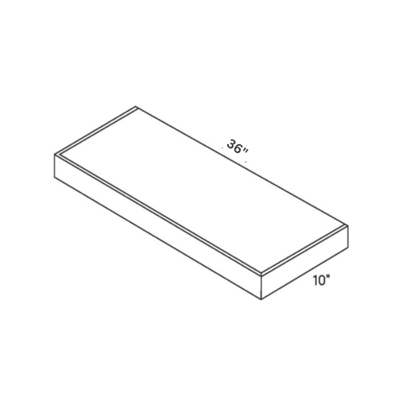 Blue Floating Shelf contemporary shaker, 36″ wide, 10″ high, 2.5″ deep, shown in a technical line drawing with dimensions. Part of the Belmont line from the Kitchen & Cabinet Store.