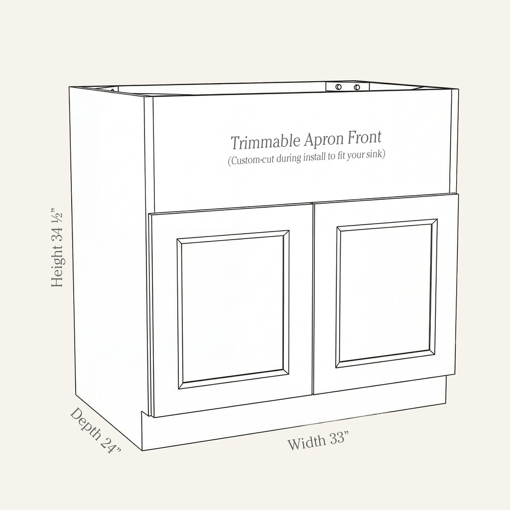 Dimension drawing of a Belmont Shaker farm sink base cabinet with 2 doors and panel to be cut for sink, 33w, 34.5h, 24d.