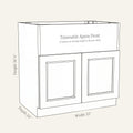 Dimension drawing of a Belmont Shaker farm sink base cabinet with 2 doors and panel to be cut for sink, 33w, 34.5h, 24d.