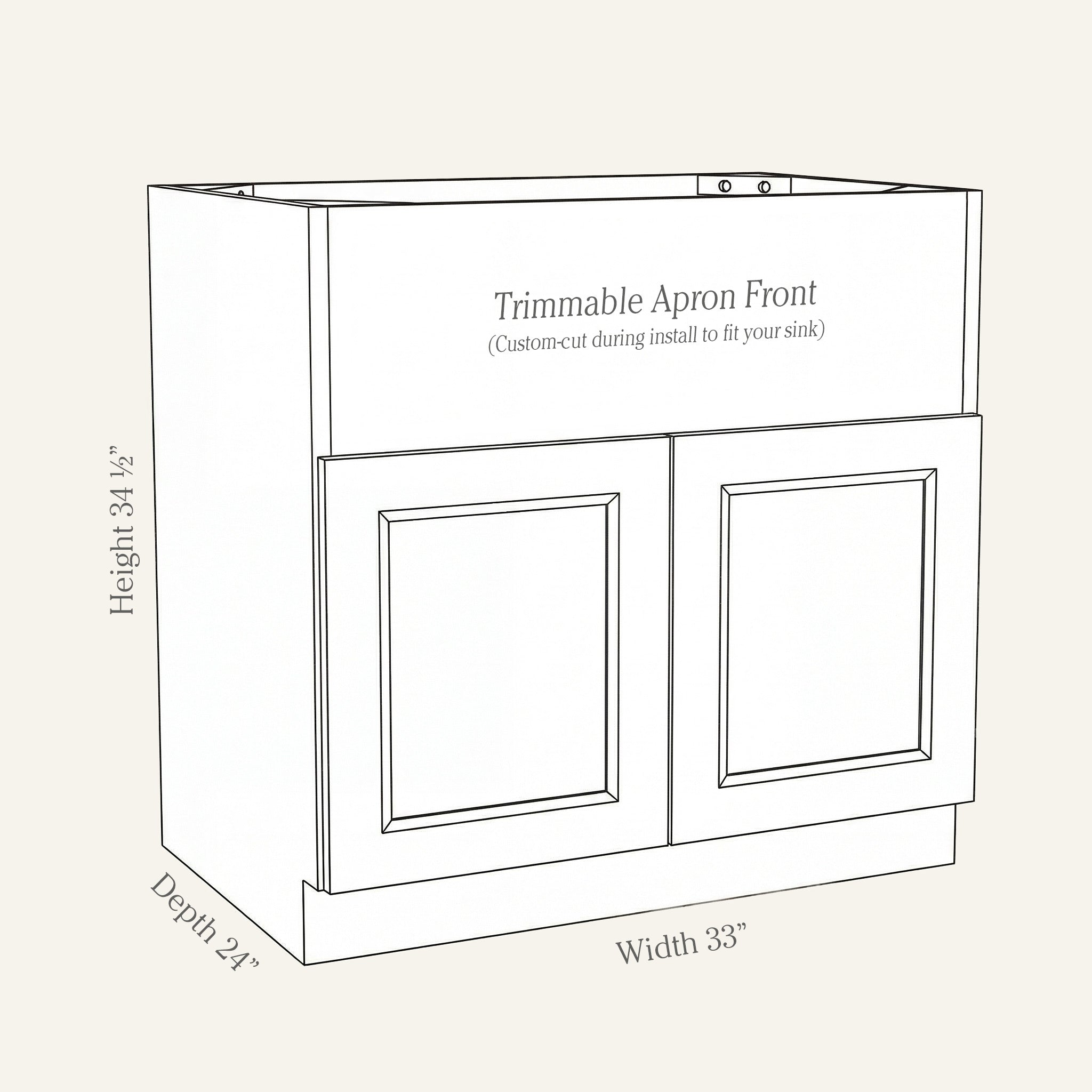 Dimension drawing of a Belmont Shaker farm sink base cabinet with 2 doors and panel to be cut for sink, 33w, 34.5h, 24d.