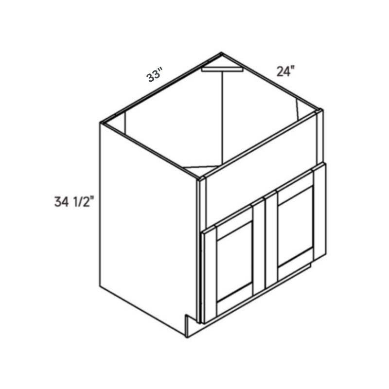 Green contemporary shaker farm sink base, 33″ wide, 34.5″ high, 24″ deep, shown in a technical line drawing with dimensions. Part of the Belmont line from the Kitchen & Cabinet Store.