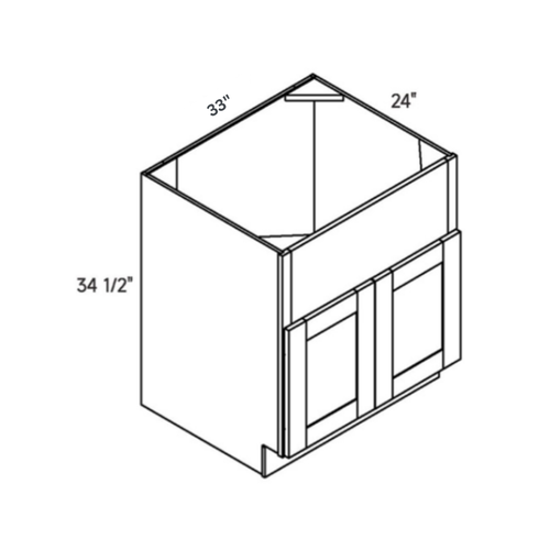 Driftwood traditional shaker farm sink base, 33″ wide, 34.5″ high, 24″ deep, shown in a technical line drawing with dimensions. Part of the Seaport line from the Kitchen & Cabinet Store.