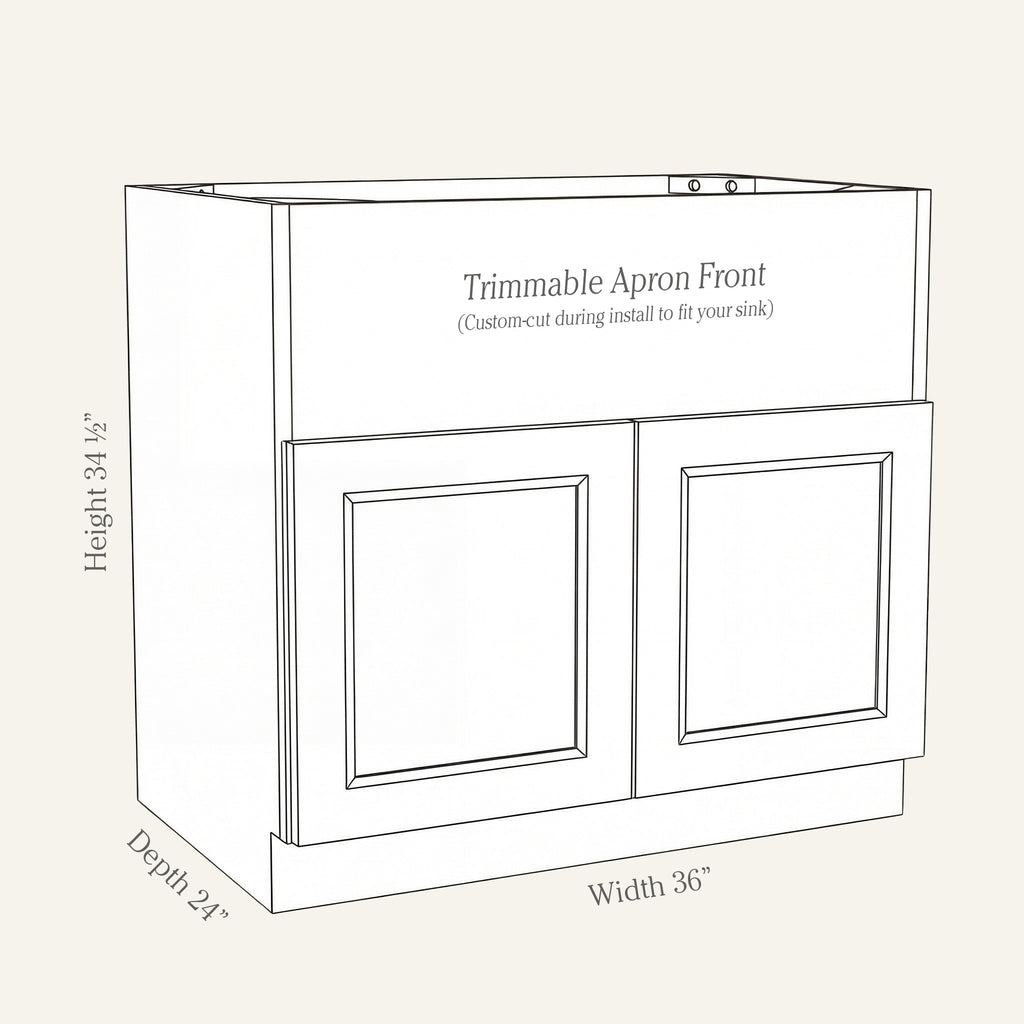 Dimension drawing of a Belmont Shaker farm sink base cabinet with 2 doors and panel to be cut to fit sink, 36w, 34.5h, 24d.