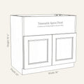 Dimension drawing of a Belmont Shaker farm sink base cabinet with 2 doors and panel to be cut to fit sink, 36w, 34.5h, 24d.