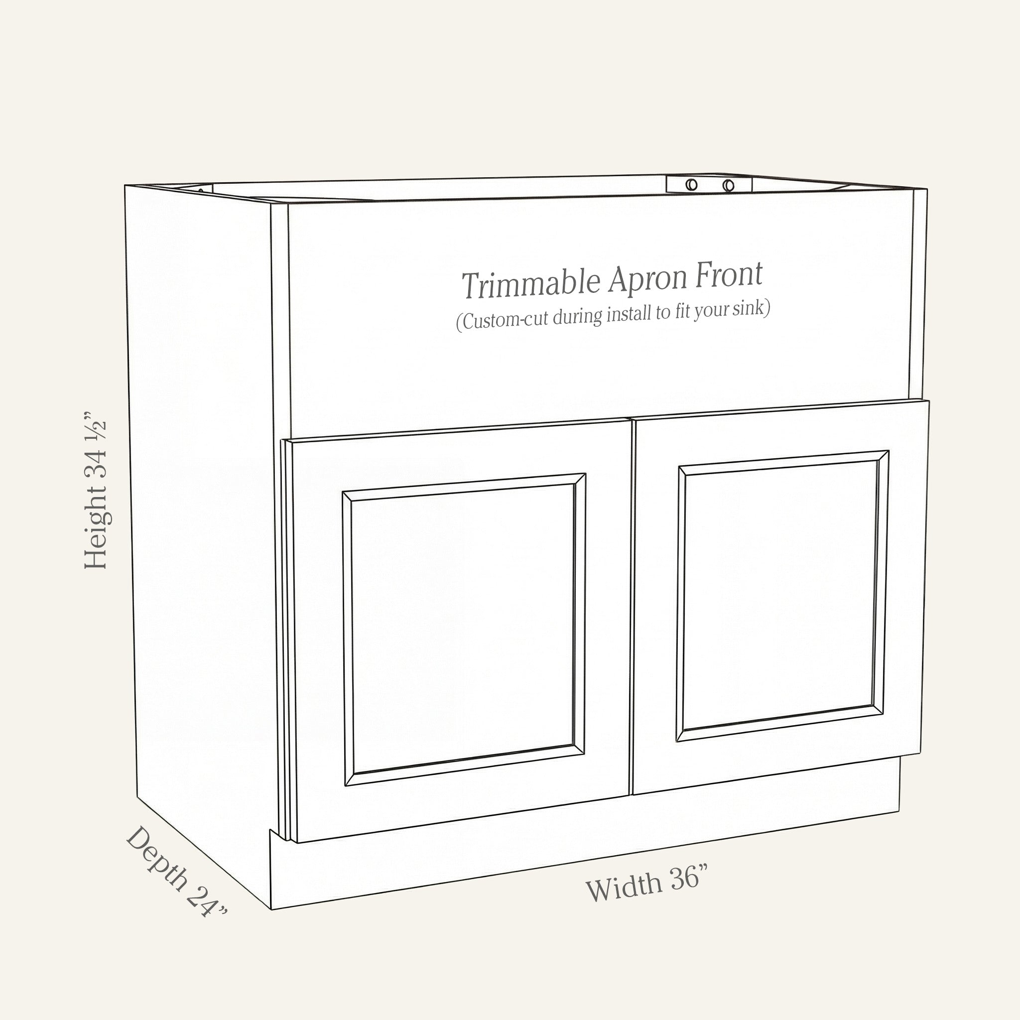 Dimension drawing of a Belmont Shaker farm sink base cabinet with 2 doors and panel to be cut to fit sink, 36w, 34.5h, 24d.