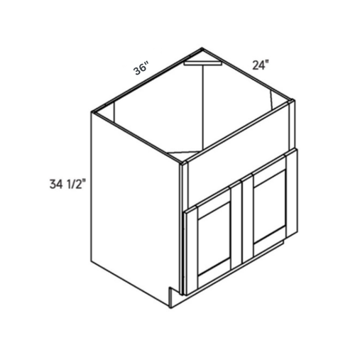 Driftwood traditional shaker farm sink base, 36″ wide, 34.5″ high, 24″ deep, shown in a technical line drawing with dimensions. Part of the Seaport line from the Kitchen & Cabinet Store.