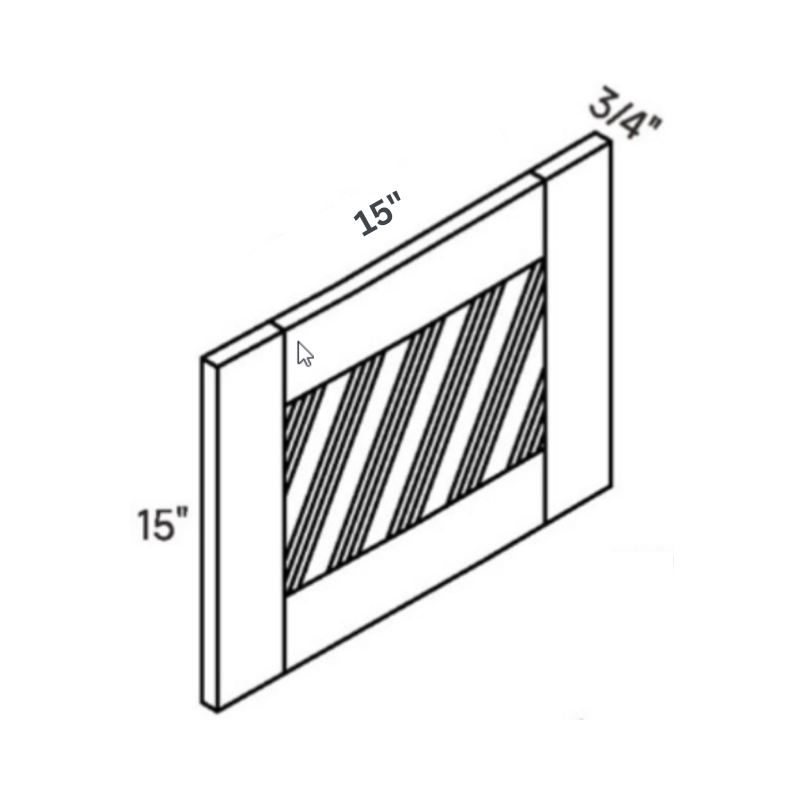 White Glass Front Wall Cabinet Door, 14.5″ wide, 14.5″ high, 0.75″ deep, shown in a technical line drawing with dimensions. Part of the Seaport line from the Kitchen & Cabinet Store.