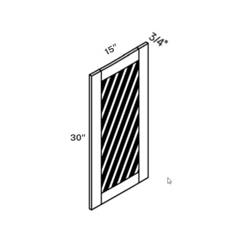 Blue Glass Door contemporary shaker wall cabinet, 15″ wide, 30″ high, 12″ deep, shown in a technical line drawing with dimensions. Part of the Belmont line from the Kitchen & Cabinet Store.