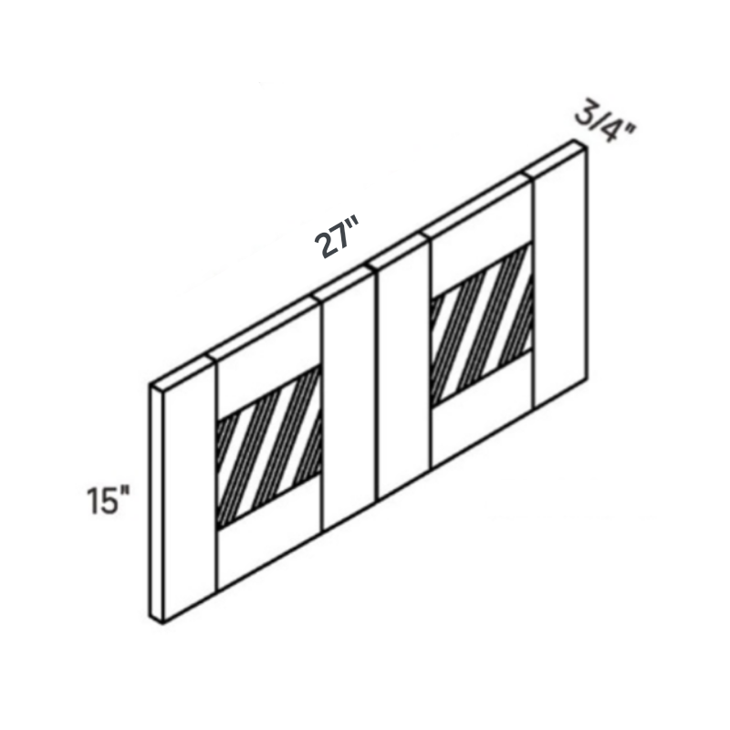 White Glass Door contemporary shaker wall cabinet, 27″ wide, 15″ high, 12″ deep, shown in a technical line drawing with dimensions. Part of the Belmont line from the Kitchen & Cabinet Store.