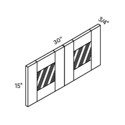 Driftwood Glass Door traditional shaker wall cabinet, 30″ wide, 15″ high, 12″ deep, shown in a technical line drawing with dimensions. Part of the Seaport line from the Kitchen & Cabinet Store.