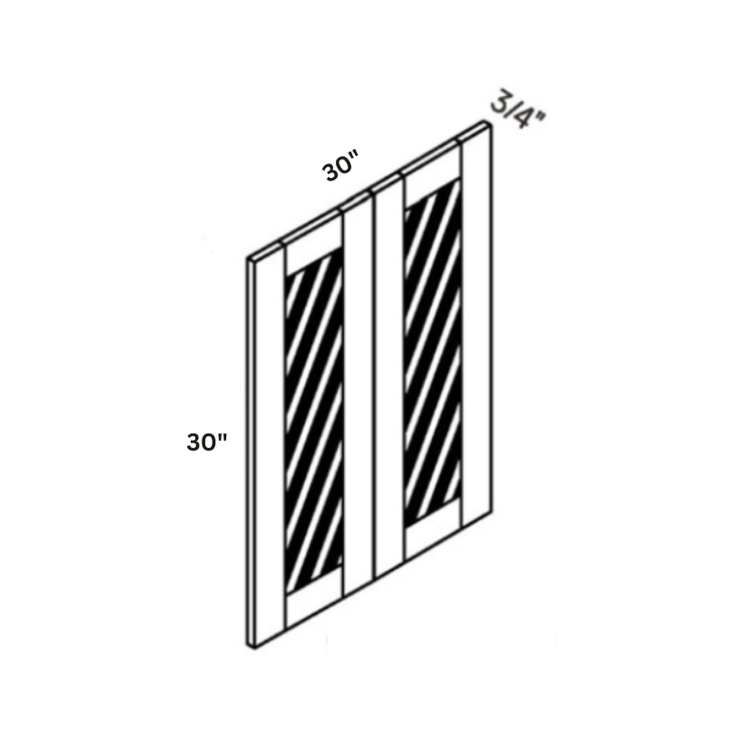 Driftwood Glass Front Wall Cabinet Door, 14.75″ wide, 29.5″ high, 0.75″ deep, shown in a technical line drawing with dimensions. Part of the Seaport line from the Kitchen & Cabinet Store.