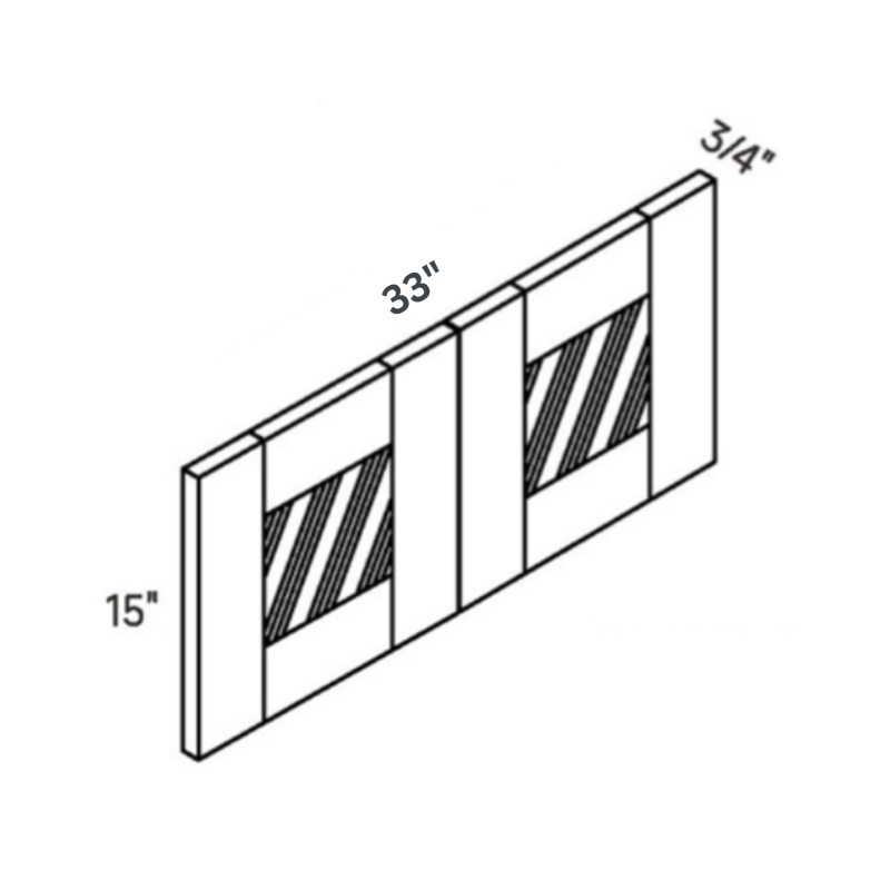 Green Glass Door contemporary shaker wall cabinet, 33″ wide, 15″ high, 12″ deep, shown in a technical line drawing with dimensions. Part of the Belmont line from the Kitchen & Cabinet Store.