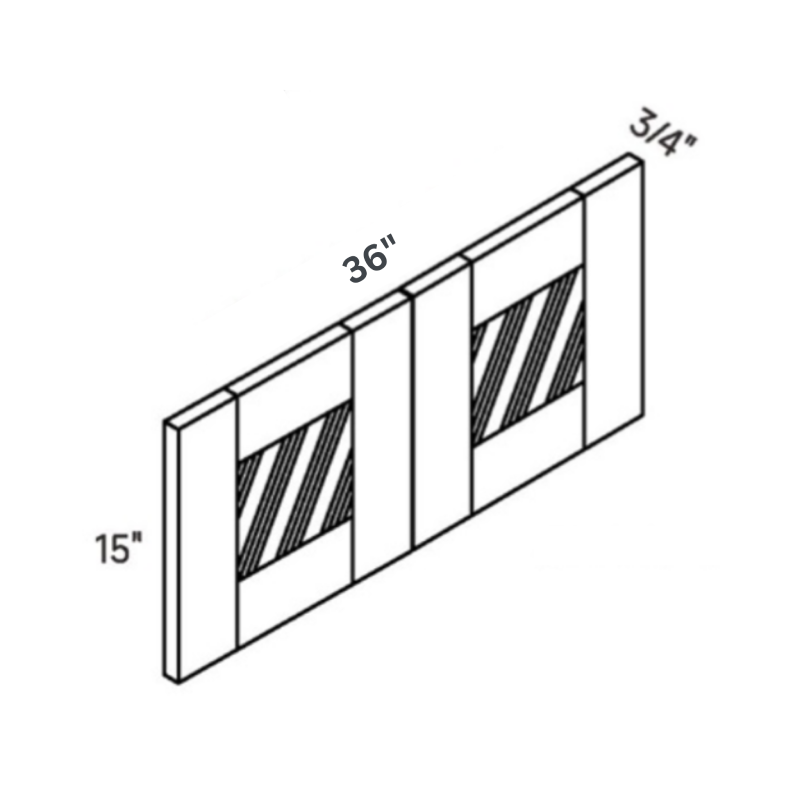 Green Glass Door contemporary shaker wall cabinet, 36″ wide, 15″ high, 12″ deep, shown in a technical line drawing with dimensions. Part of the Belmont line from the Kitchen & Cabinet Store.