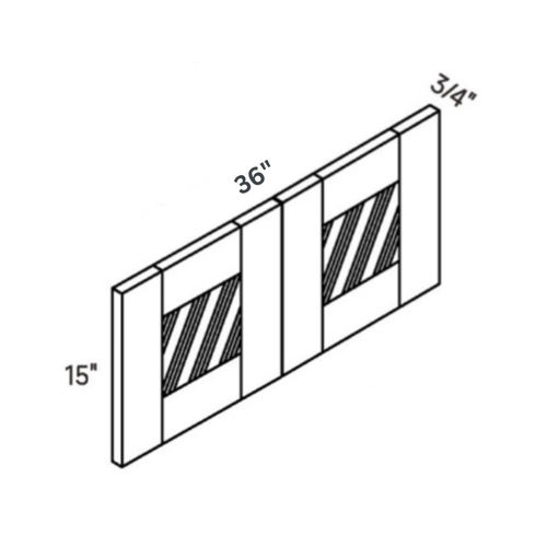 Driftwood Glass Door traditional shaker wall cabinet, 36″ wide, 15″ high, 12″ deep, shown in a technical line drawing with dimensions. Part of the Seaport line from the Kitchen & Cabinet Store.