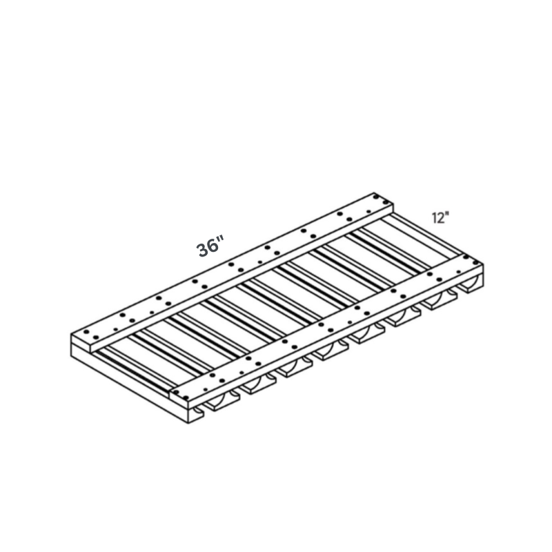 White Wine glass stemware rack Molding traditional shaker, 36″ wide, 2″ high, 12″ deep, shown in a technical line drawing with dimensions. Part of the Seaport line from the Kitchen & Cabinet Store.