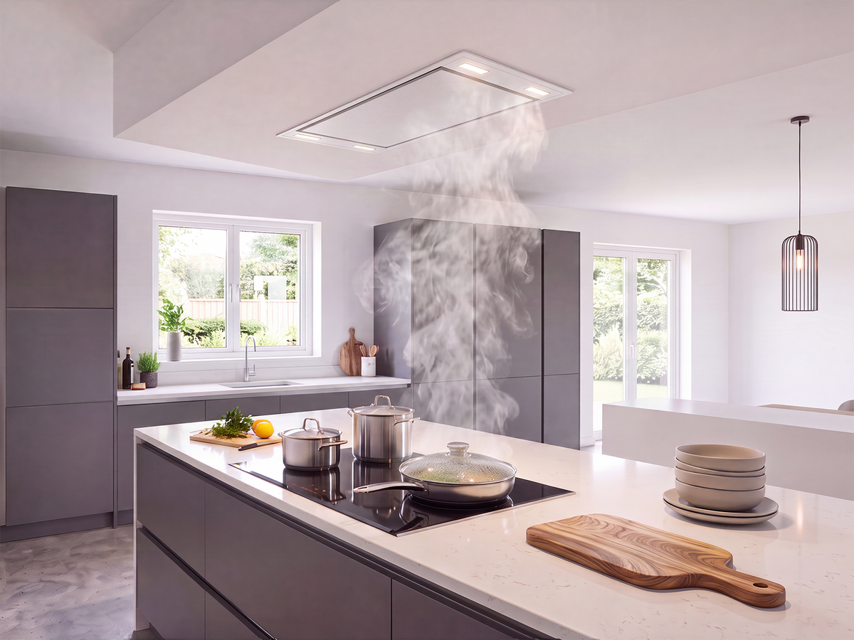 Victory Horizon matte white flush ceiling mount range hood, view 2