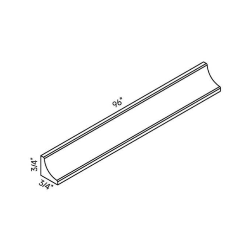 Driftwood Inside Corner Molding traditional shaker, 96″ wide, 0.75″ high, 0.75″ deep, shown in a technical line drawing with dimensions. Part of the Seaport line from the Kitchen & Cabinet Store.