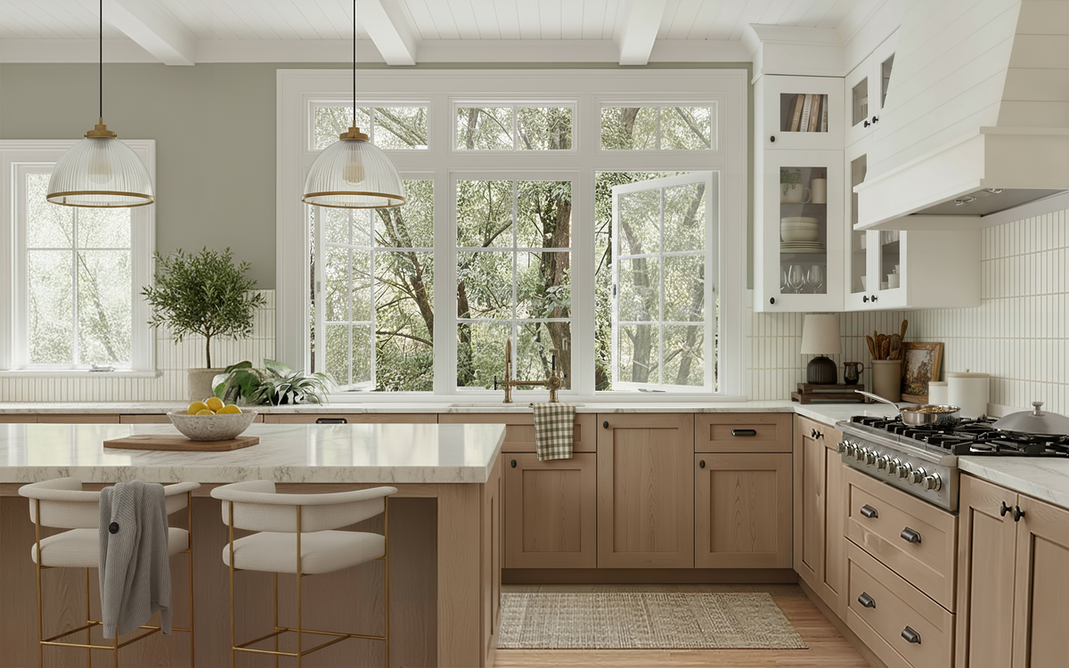 Modern kitchen with wooden cabinets, a island, and large windows.