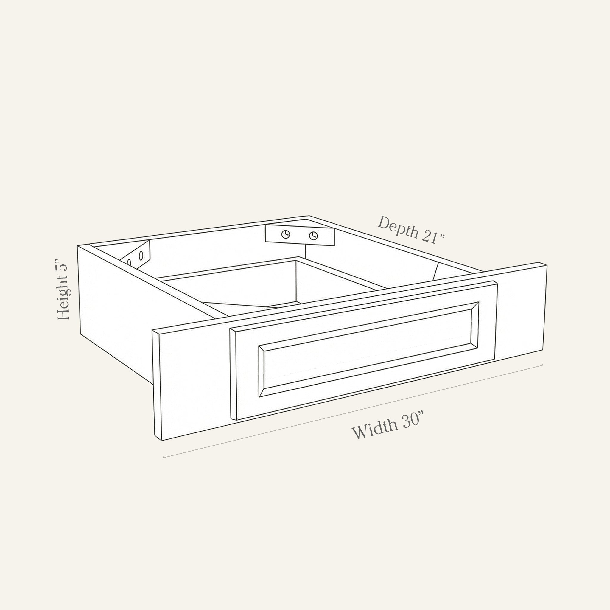 Angled line drawing of a Belmont Shaker single drawer cabinet that mounts under a counter for a vanity makeup sitting area, 30W, 5H, 21D.