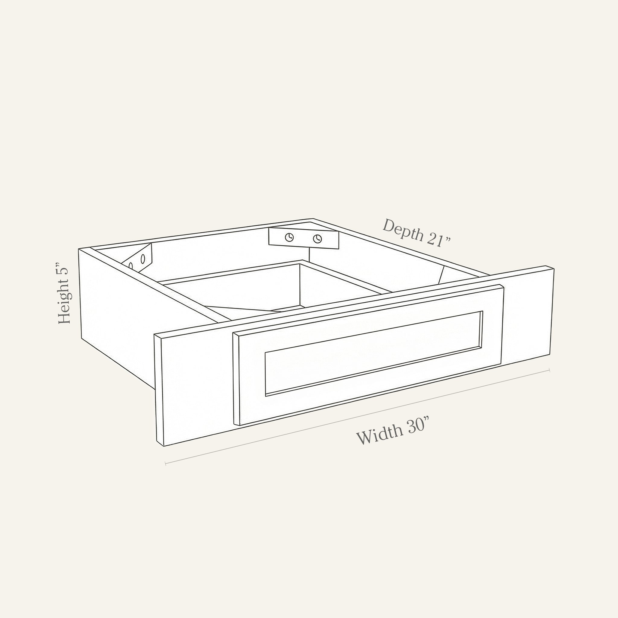 Dimension line drawing of a Seaport Shaker single drawer cabinet that has a counter mounted on top, for a vanity makeup sitting area, 30W, 5H, 21D.