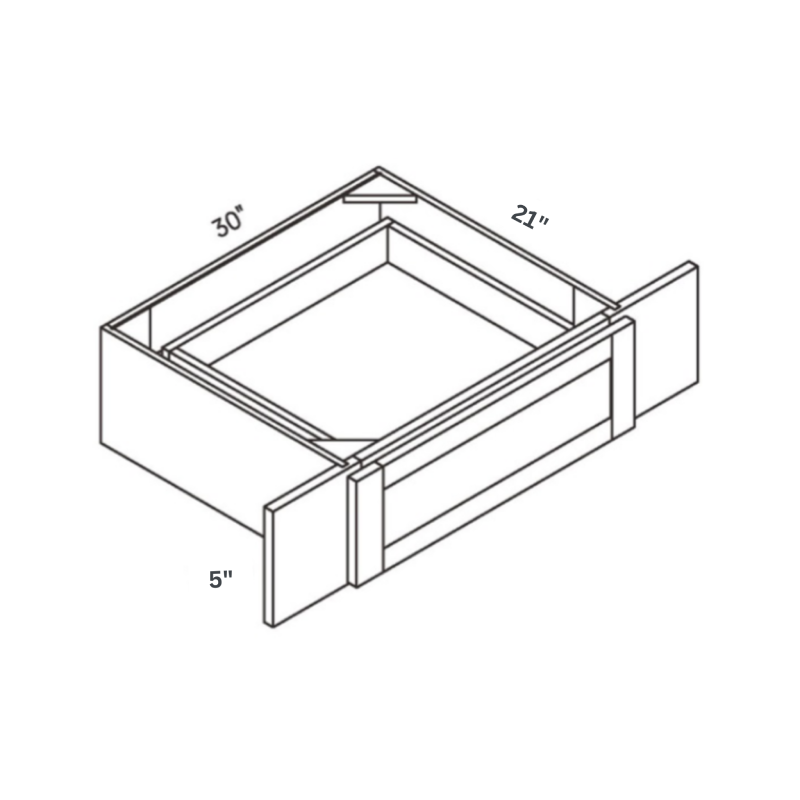Light Gray traditional shaker vanity drawer, 30″ wide, 5″ high, 21″ deep, shown in a technical line drawing with dimensions. Part of the Seaport line from the Kitchen & Cabinet Store.