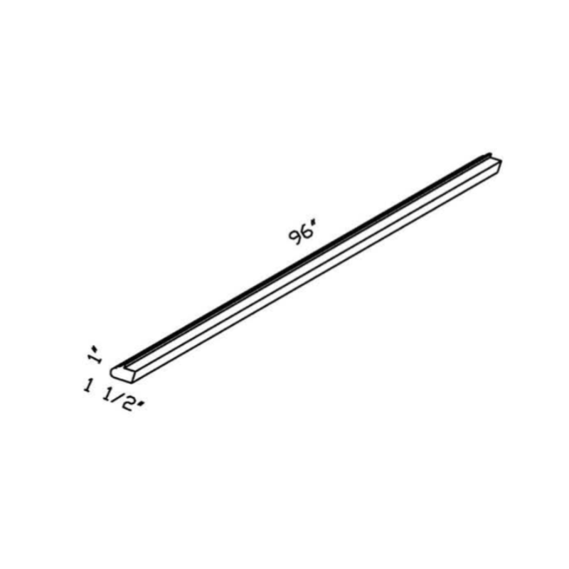 Green under-cabinet light rail molding, Contemporary Shaker, 96″ wide by 1″ high by 1.5″ deep, Belmont collection, illustrated with line drawing.