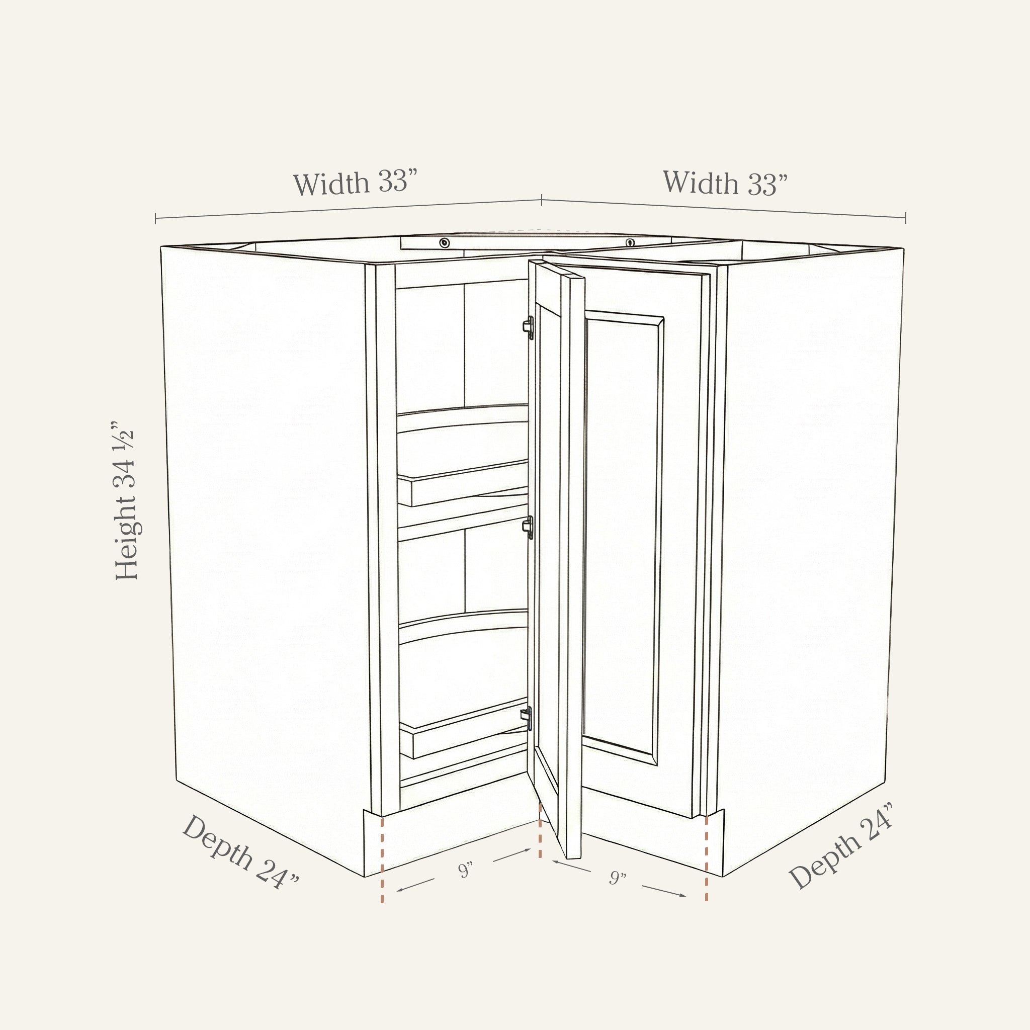 Dimension drawing of a Belmont Shaker lazy Susan base cabinet with 1 bi-fold door, 33w, 34.5h, 24d.
