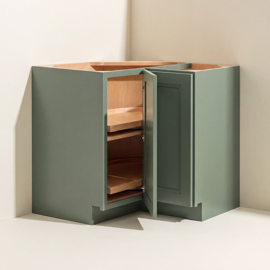 Angled view of a green Belmont beveled Shaker assembled corner lazy Susan base cabinet with 1 bi-fold door.