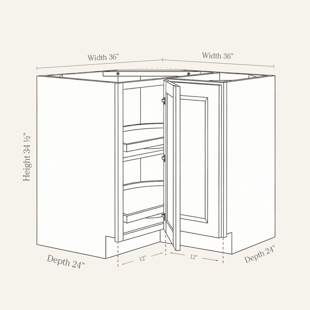 Dimension drawing of a Belmont Shaker lazy susan corner base cabinet with 1 bi-fold door, 36w, 34.5h, 24d.