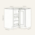 Dimension drawing of a Belmont Shaker lazy susan corner base cabinet with 1 bi-fold door, 36w, 34.5h, 24d.