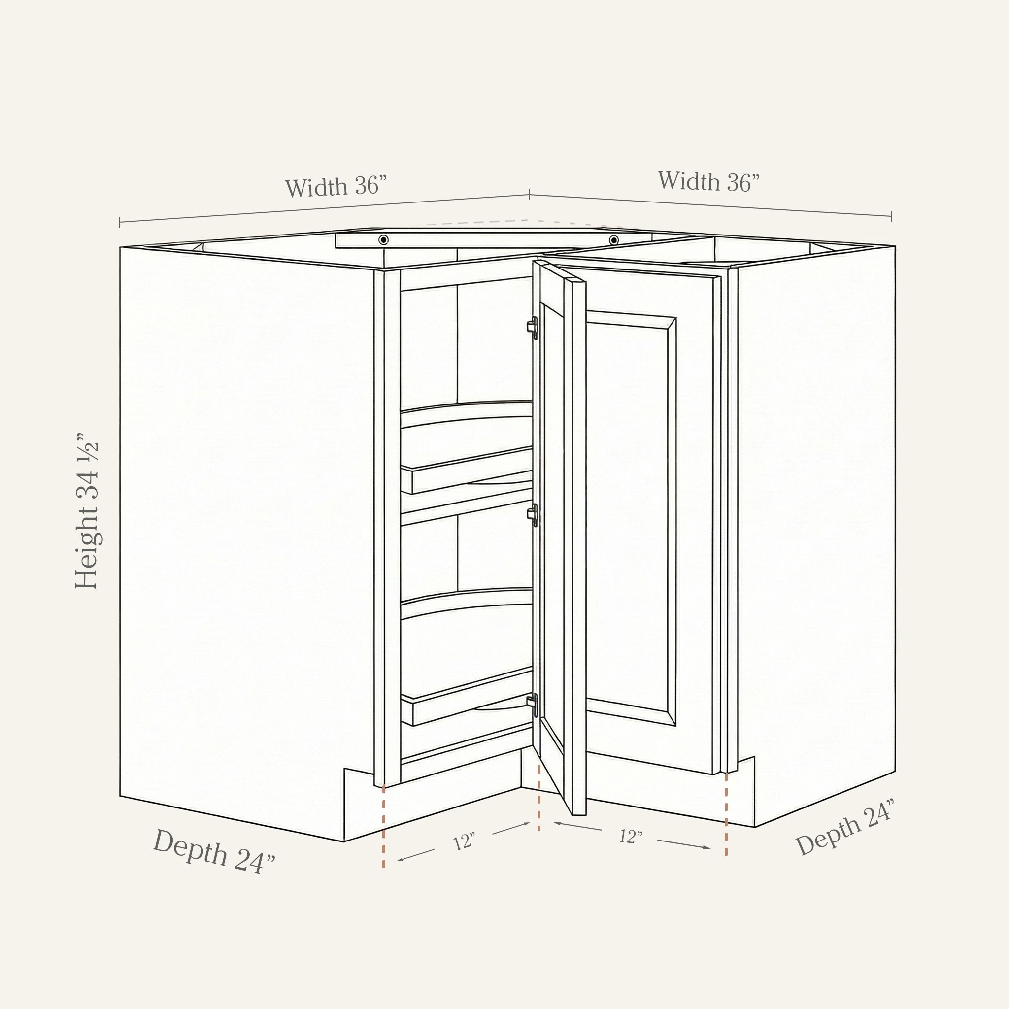 Dimension drawing of a Belmont Shaker lazy susan corner base cabinet with 1 bi-fold door, 36w, 34.5h, 24d.