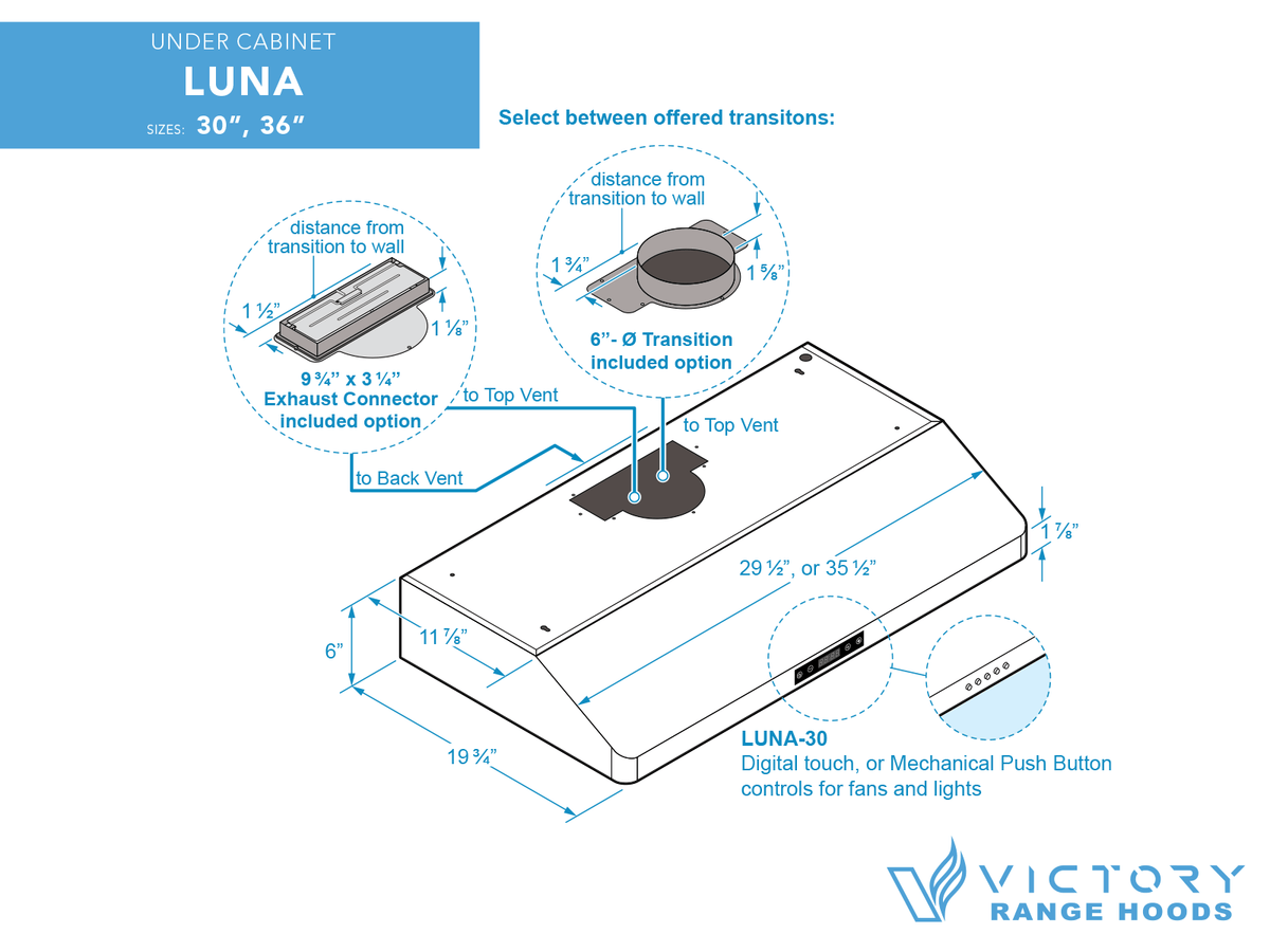 Victory Luna 30 inch stainless under cabinet range hood with touch controls, view 8