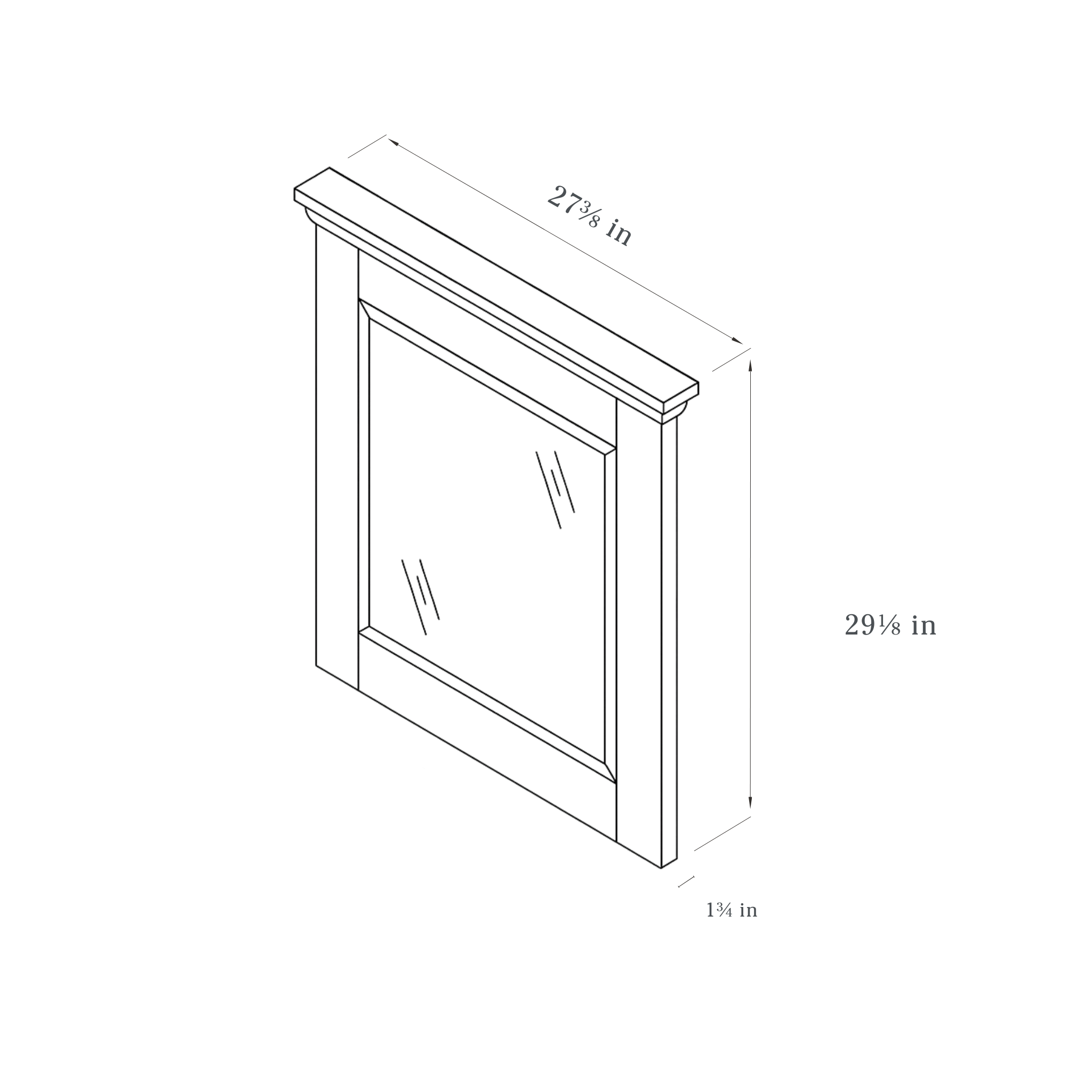 White Framed Vanity Mirror contemporary shaker, 27.38″ wide, 29.13″ high, 1.75″ deep, shown in a technical line drawing with dimensions. Part of the Belmont line from the Kitchen & Cabinet Store.