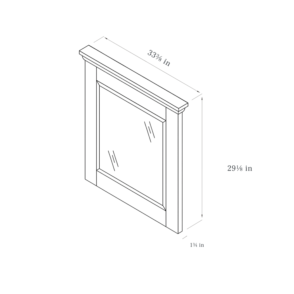 Blue Framed Vanity Mirror contemporary shaker, 33.38″ wide, 29.13″ high, 1.75″ deep, shown in a technical line drawing with dimensions. Part of the Belmont line from the Kitchen & Cabinet Store.
