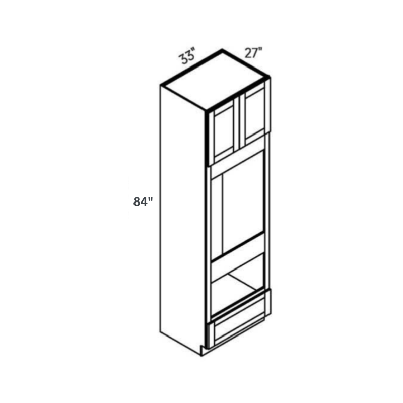 Green contemporary shaker deep double oven tall, 33″ wide, 84″ high, 27″ deep, shown in a technical line drawing with dimensions. Part of the Belmont line from the Kitchen & Cabinet Store.