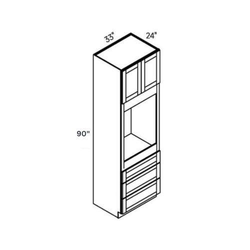Driftwood traditional shaker single oven tall cabinet, 33″ wide, 90″ high, 24″ deep, shown in a technical line drawing with dimensions. Part of the Seaport line from the Kitchen & Cabinet Store.