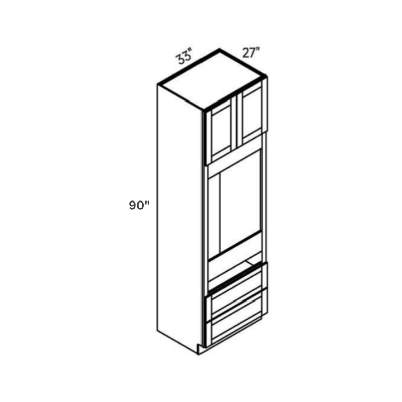 White contemporary shaker deep oven, 33″ wide, 90″ high, 27″ deep, shown in a technical line drawing with dimensions. Part of the Belmont line from the Kitchen & Cabinet Store.