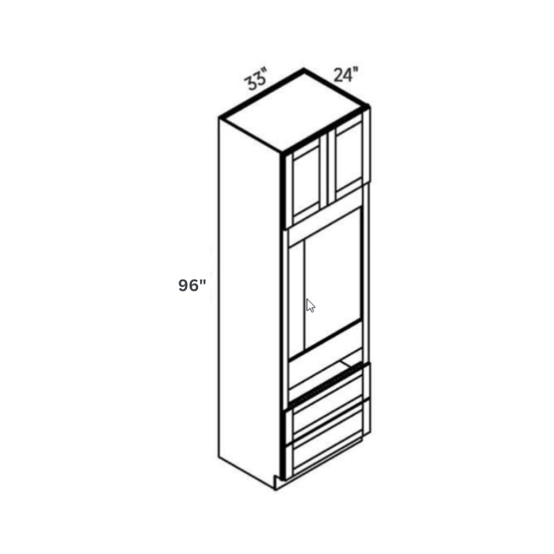 White traditional shaker oven, 33″ wide, 96″ high, 24″ deep, shown in a technical line drawing with dimensions. Part of the Seaport line from the Kitchen & Cabinet Store.