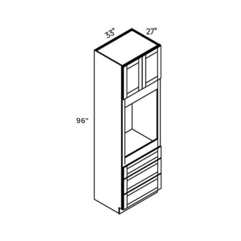 White contemporary shaker deep single oven tall cabinet, 33″ wide, 96″ high, 27″ deep, shown in a technical line drawing with dimensions. Part of the Belmont line from the Kitchen & Cabinet Store.