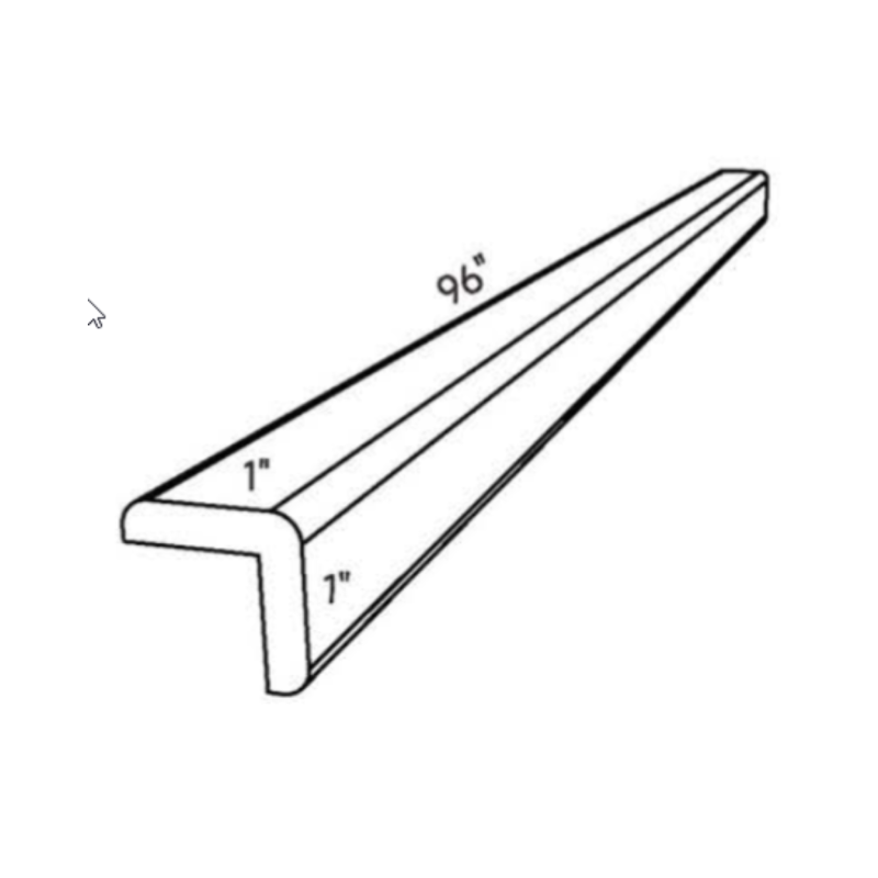 White Outside Corner Molding traditional shaker, 96″ wide, 1″ high, 0.25″ deep, shown in a technical line drawing with dimensions. Part of the Seaport line from the Kitchen & Cabinet Store.