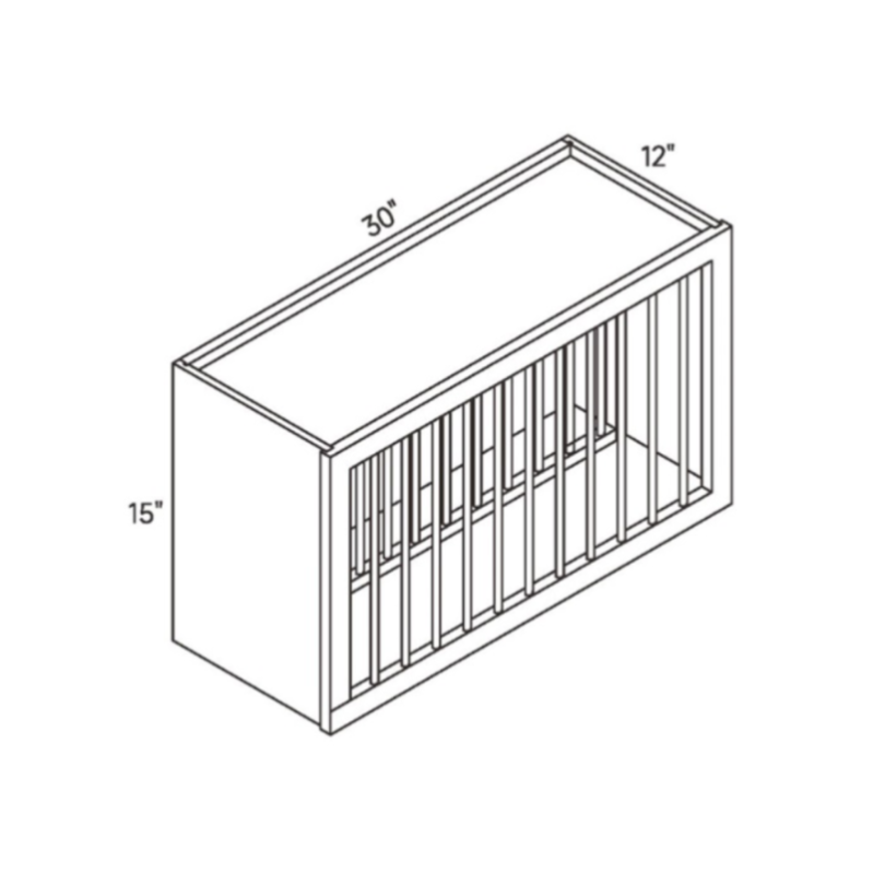 White Plate Rack Cabinet contemporary shaker, 30″ wide, 15″ high, 12″ deep, shown in a technical line drawing with dimensions. Part of the Belmont line from the Kitchen & Cabinet Store.