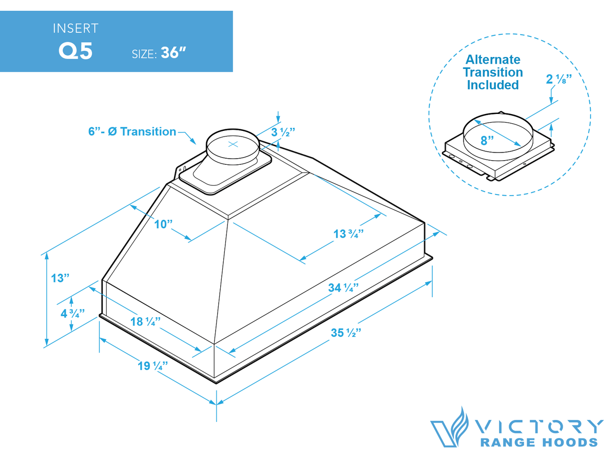 Victory Q5 36 inch range hood insert with remote blower, view 6