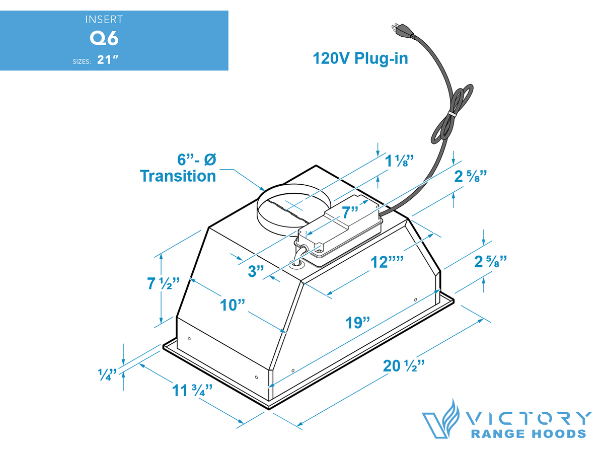 Victory Q6 21 inch stainless range hood insert power pack, view 6