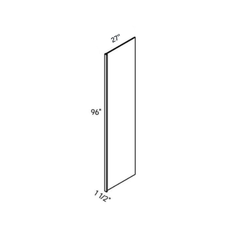 Driftwood Thick Refrigerator End Panel traditional shaker, 1.5″ wide, 96″ high, 27″ deep, shown in a technical line drawing with dimensions. Part of the Seaport line from the Kitchen & Cabinet Store.