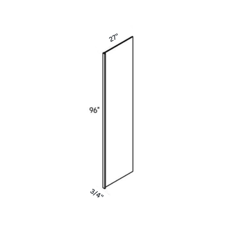 Light Gray Refrigerator End Panel traditional shaker, 0.75″ wide, 96″ high, 27″ deep, shown in a technical line drawing with dimensions. Part of the Seaport line from the Kitchen & Cabinet Store.
