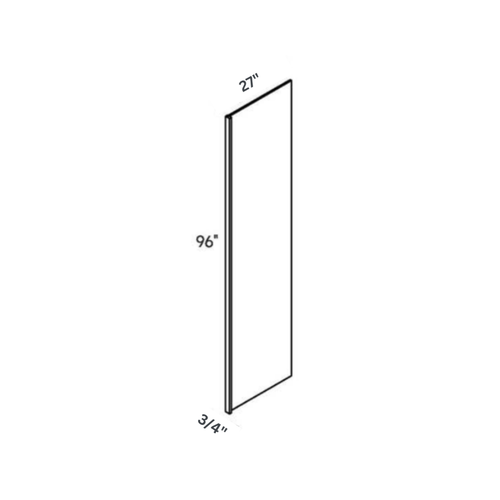 Driftwood Refrigerator End Panel traditional shaker, 0.75″ wide, 96″ high, 27″ deep, shown in a technical line drawing with dimensions. Part of the Seaport line from the Kitchen & Cabinet Store.