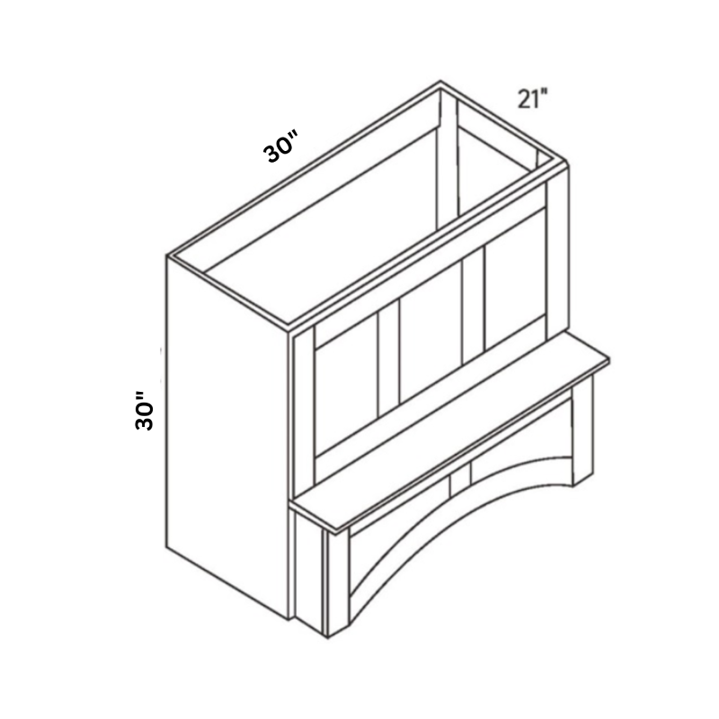 Blue Arched Valance Range Hood contemporary shaker, 30″ wide, 30″ high, 21″ deep, shown in a technical line drawing with dimensions. Part of the Belmont line from the Kitchen & Cabinet Store.