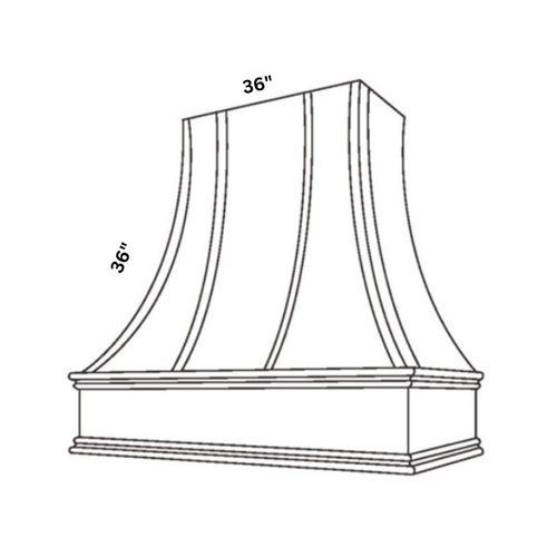 Driftwood Curved Range Hood traditional shaker, 43.5″ wide, 36″ high, 20″ deep, shown in a technical line drawing with dimensions. Part of the Seaport line from the Kitchen & Cabinet Store.