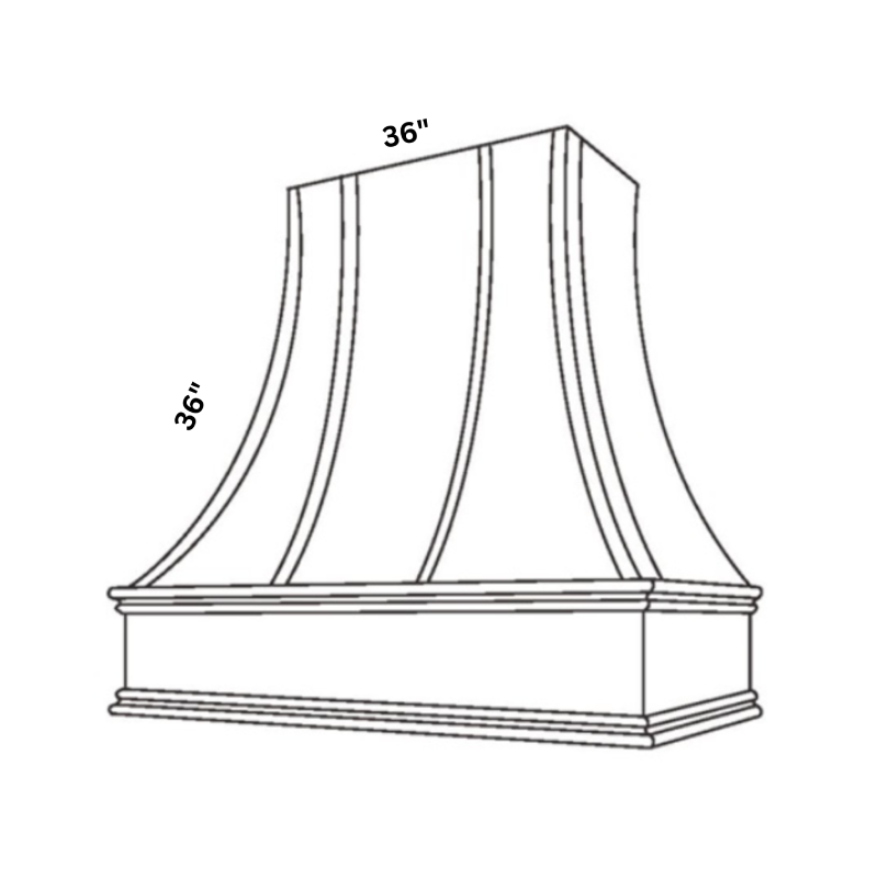 Natural Curved Chimney Hood traditional shaker, 37.5″ wide, 36″ high, 20″ deep, shown in a technical line drawing with dimensions. Part of the Seaport line from the Kitchen & Cabinet Store.