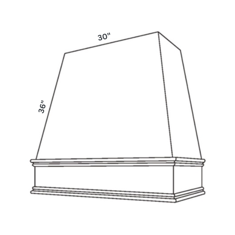White Tapered Range Hood traditional shaker, 31.5″ wide, 36″ high, 20″ deep, shown in a technical line drawing with dimensions. Part of the Seaport line from the Kitchen & Cabinet Store.